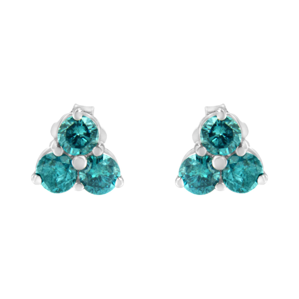14KT White Gold Treated Blue Diamond Trio Stud Earrings (1 1/3 cttw, Blue)