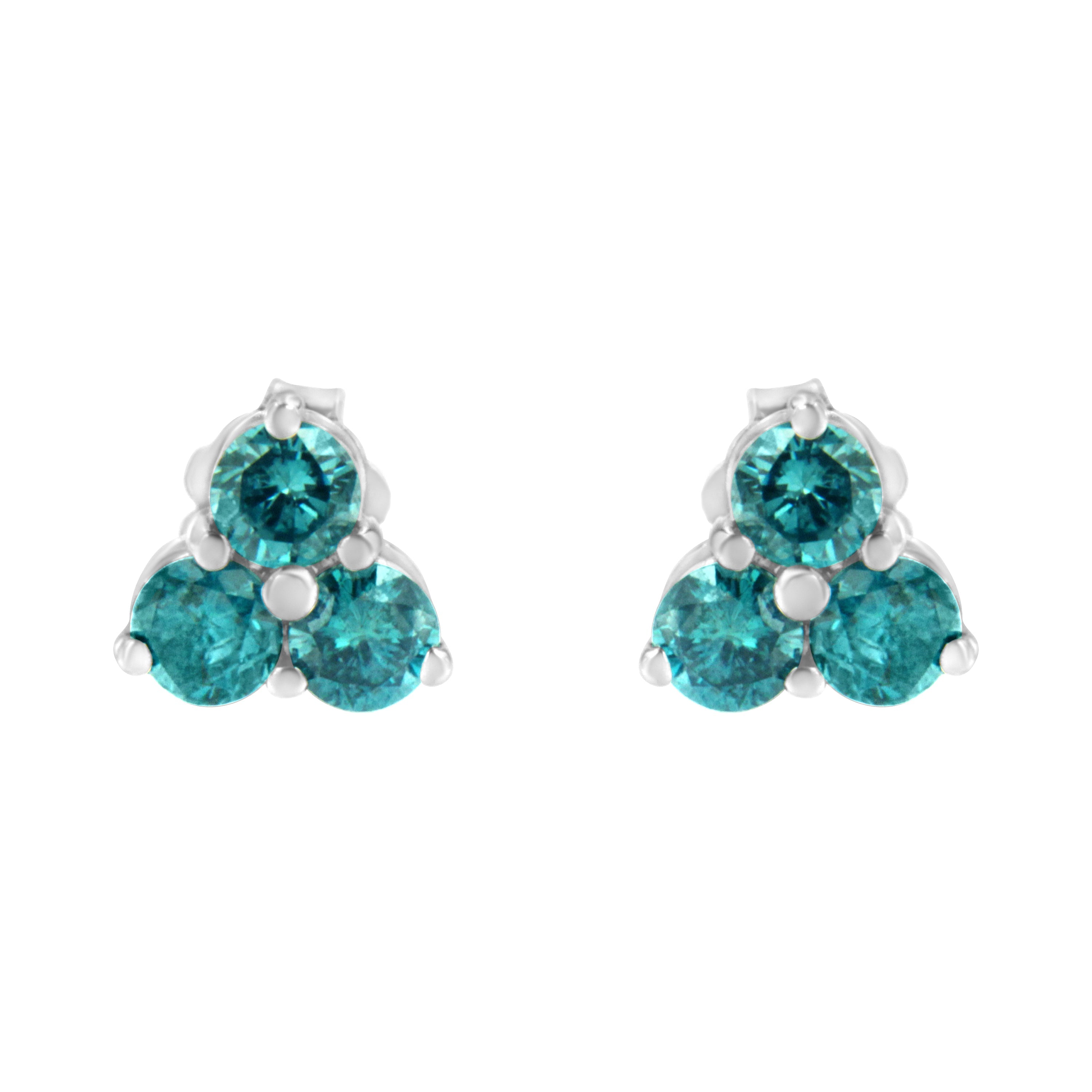 14KT White Gold Treated Blue Diamond Trio Stud Earrings (1 1/3 cttw, Blue)