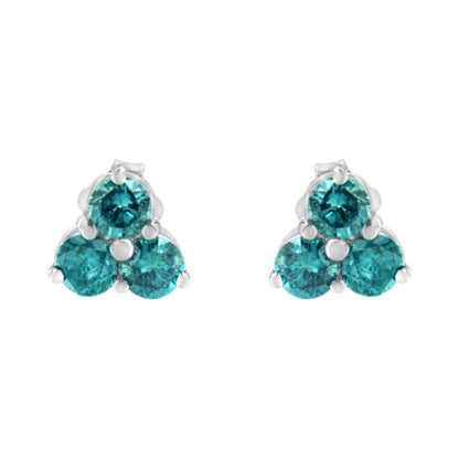 14KT White Gold Treated Blue Diamond Trio Stud Earrings (1 1/3 cttw, Blue)