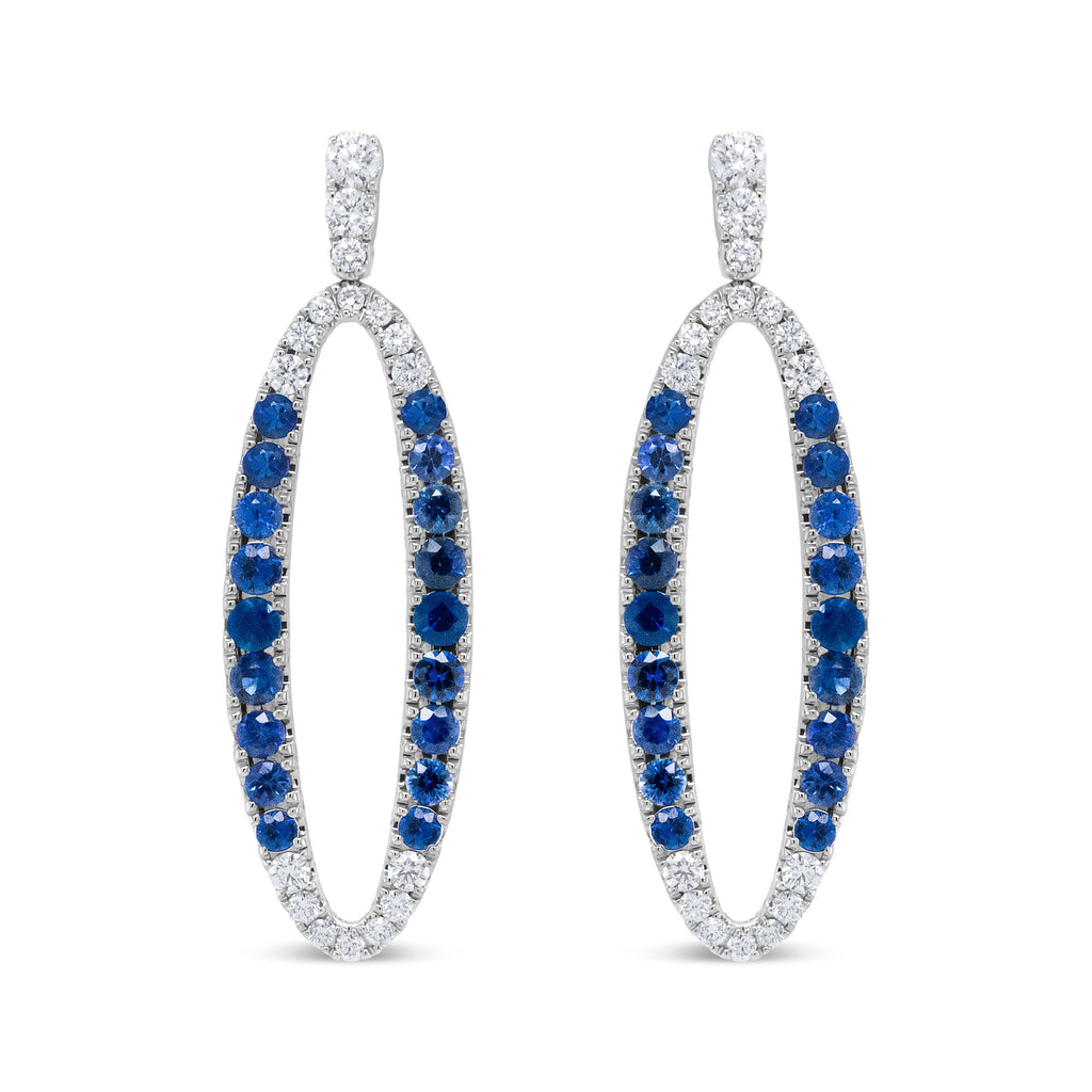 18K White Gold 1.11 Cttw Blue Round Diamond and Blue Sapphire Openwork Oval Shaped Dangle Earrings (F-G Color, VS1-VS2 Clarity)