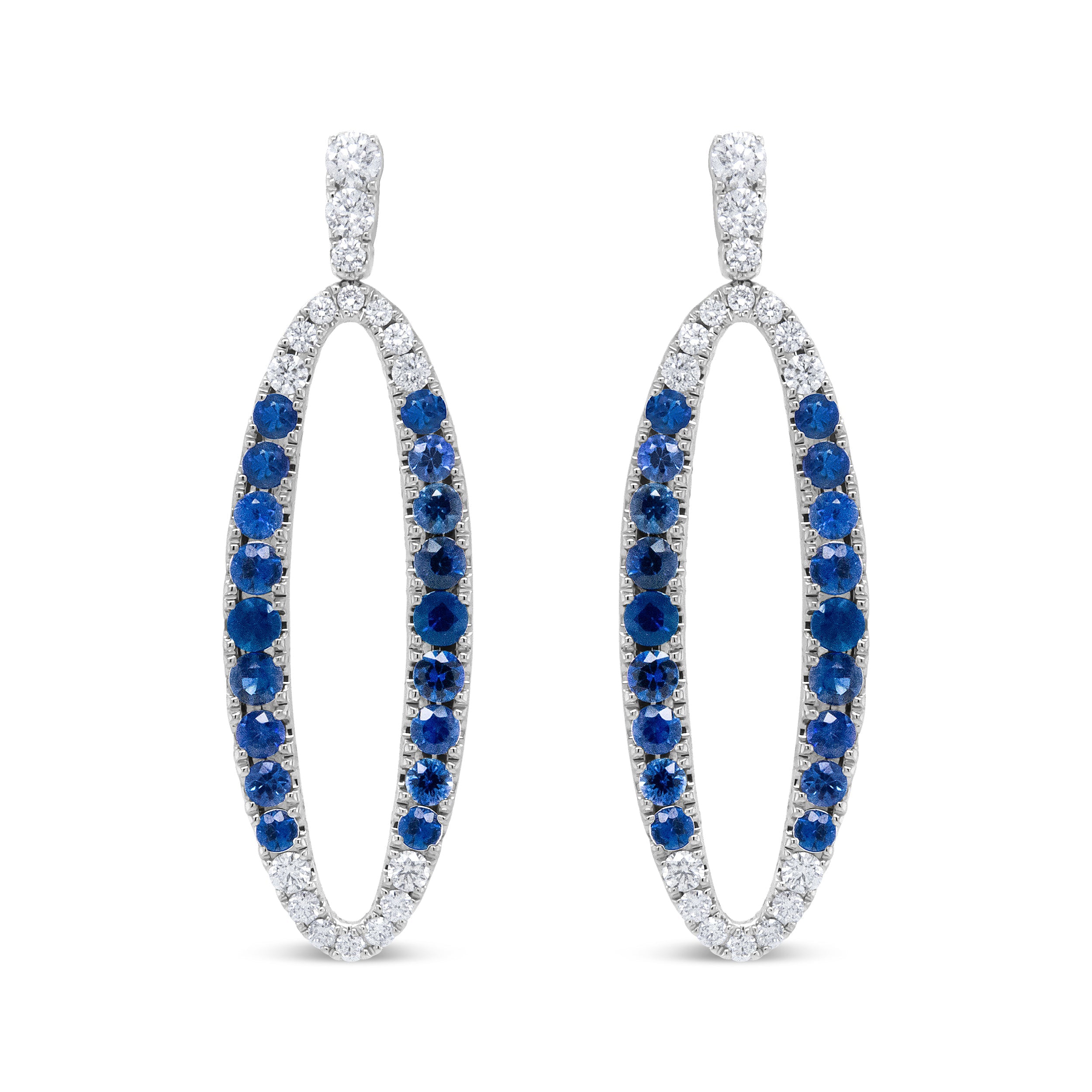 18K White Gold 1.11 Cttw Blue Round Diamond and Blue Sapphire Openwork Oval Shaped Dangle Earrings (F-G Color, VS1-VS2 Clarity)