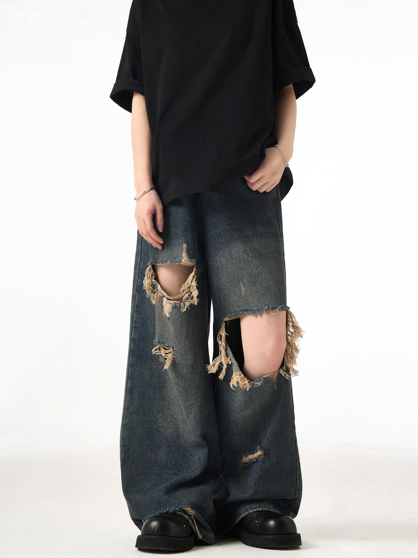 Couple Hole Worn Jeans Wide-leg Pants