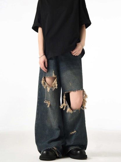 Couple Hole Worn Jeans Wide-leg Pants
