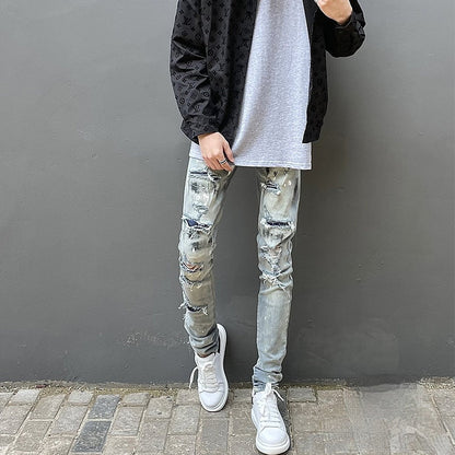 Handmade Splash-ink Blue Diamond Ripped Jeans