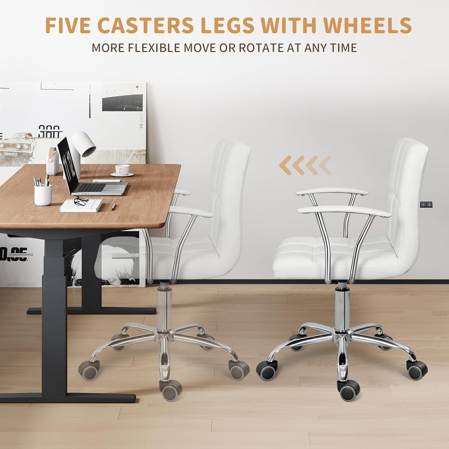 Home Office Desk Chair with Armrest and Wheels, Modern PU Leather Mid-Back Office Task Chair, Height Adjustable Swivel Computer Chairs for Home Office, White