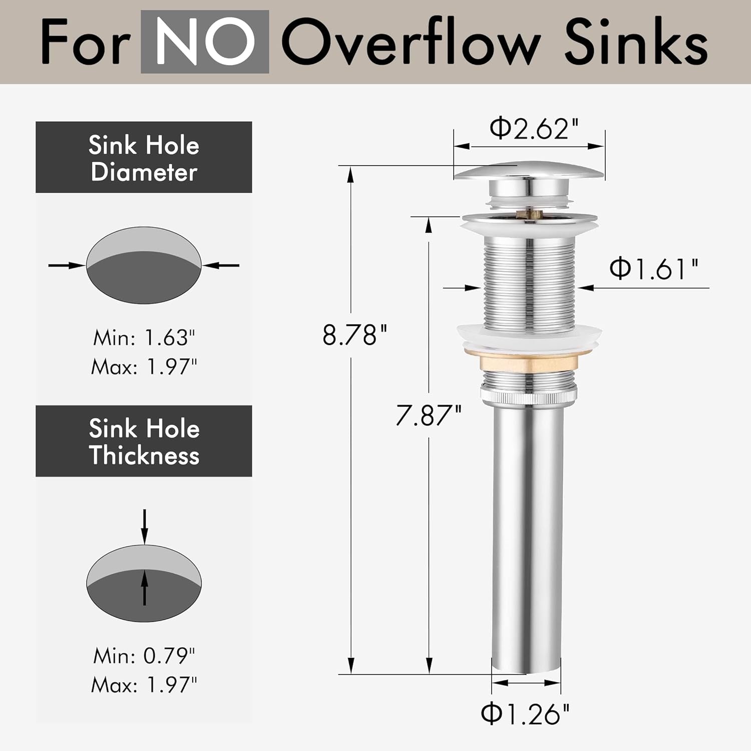 Bathroom Sink Drain without Overflow Vessel Sink Lavatory Vanity Pop up Drain Stopper Polished Chrome for 1.6"-1.9" Sink Hole, All Metal Rustproof Brass and 304 Stainless Steel, S2008D-CH