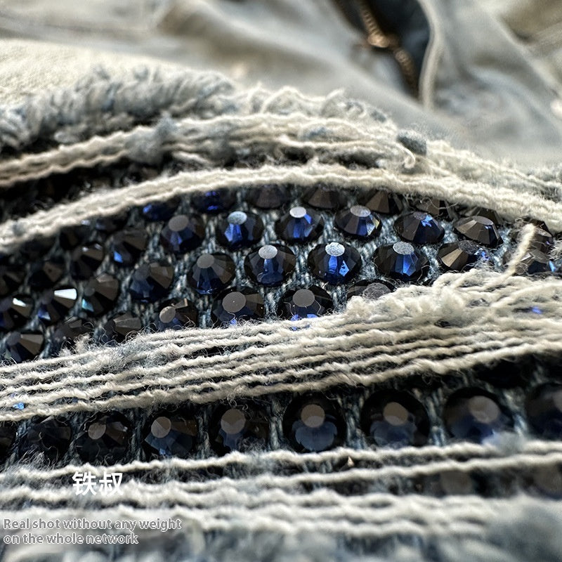 Handmade Splash-ink Blue Diamond Ripped Jeans