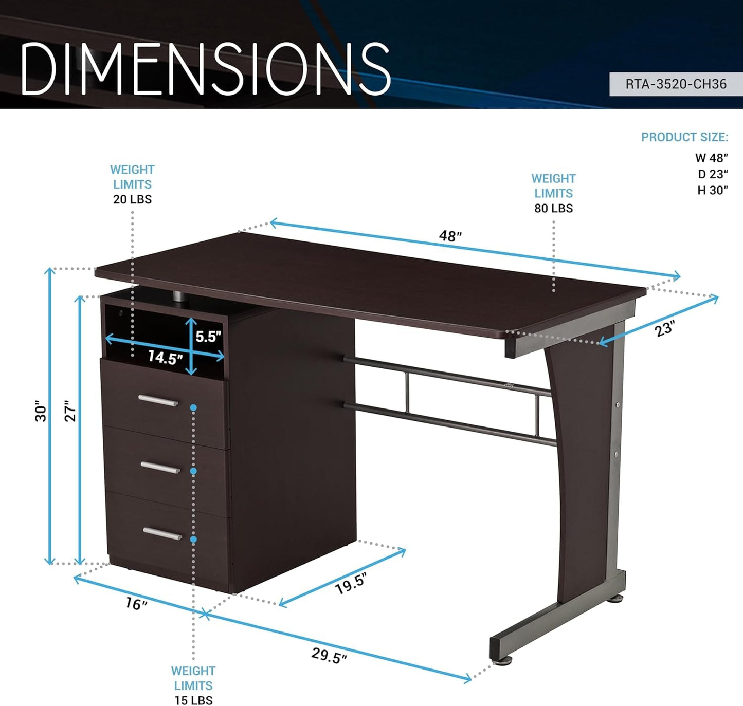 48 Inch Computer Desk with Drawers for Home Office