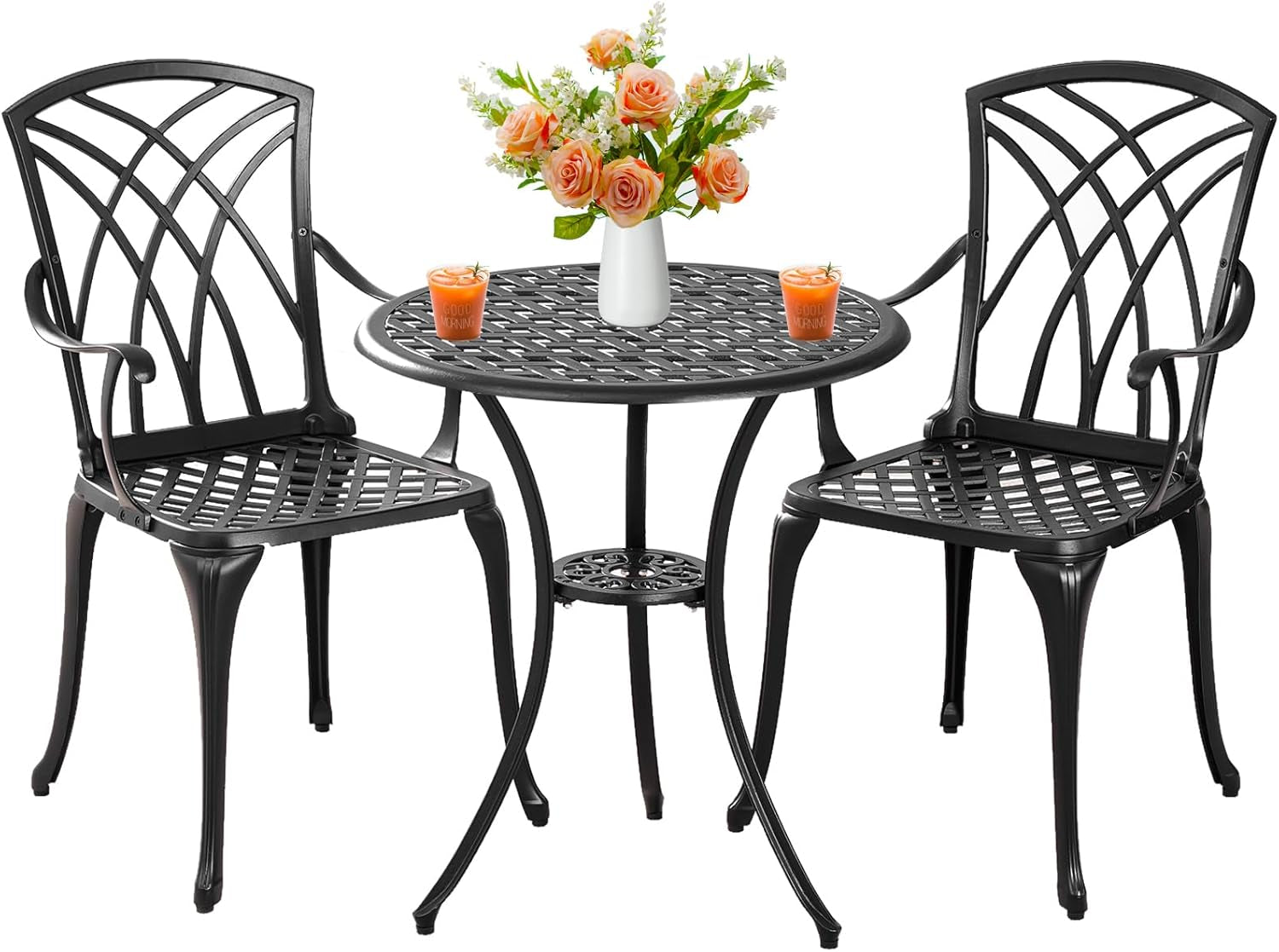 Outdoor 3 Piece Bistro Set Cast Aluminum Bistro Table and Chairs Set of 2, All Weather Bistro Patio Set, Patio Furniture for Garden Black