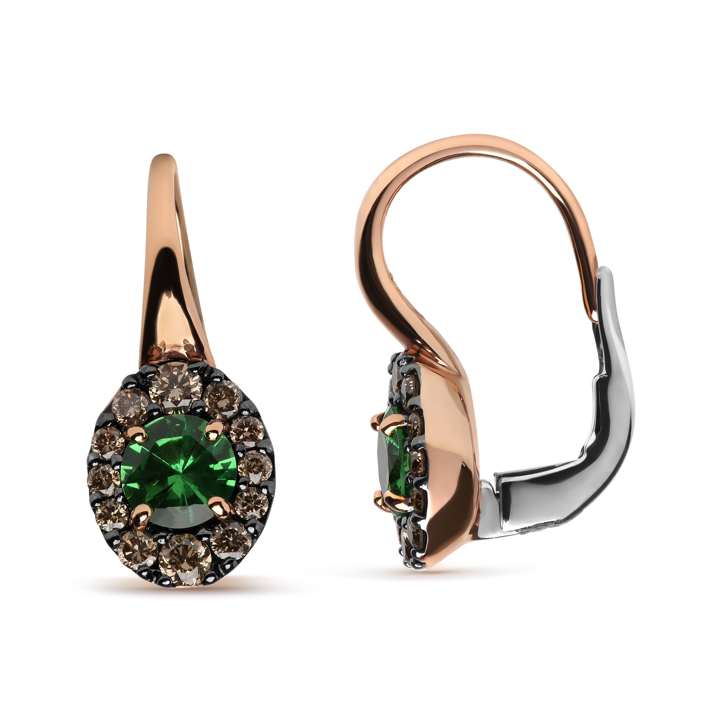 18K Rose and White Gold 3/8 Cttw Round Brown Diamonds and Round Green Tsavorite Gemstone Halo Drop Hoop Earrings (Brown Color, SI1-SI2 Clarity)