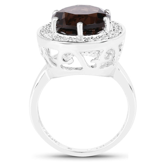 4.52 Carat Genuine Smoky Quartz and White Topaz .925 Sterling Silver Ring