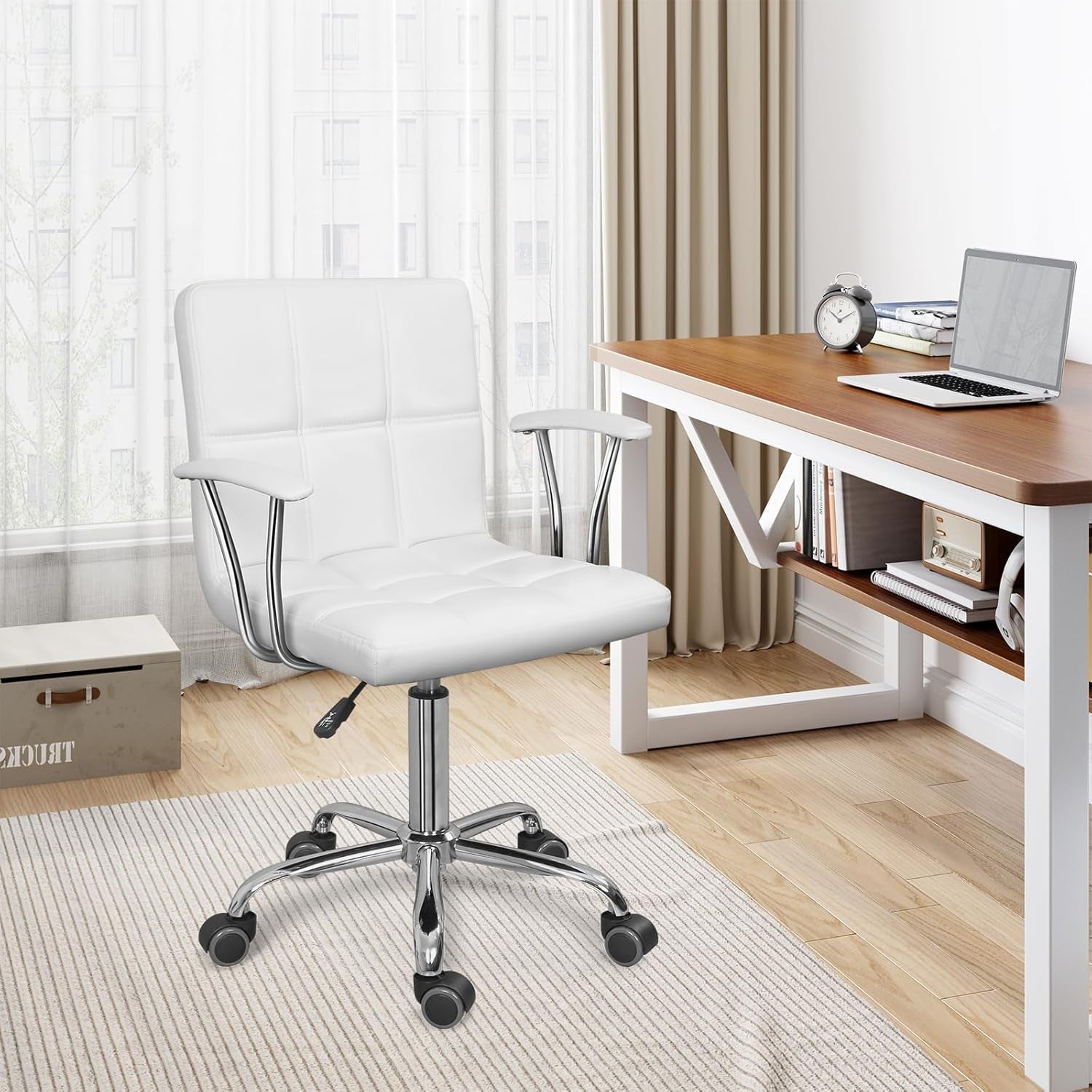 Home Office Desk Chair with Armrest and Wheels, Modern PU Leather Mid-Back Office Task Chair, Height Adjustable Swivel Computer Chairs for Home Office, White