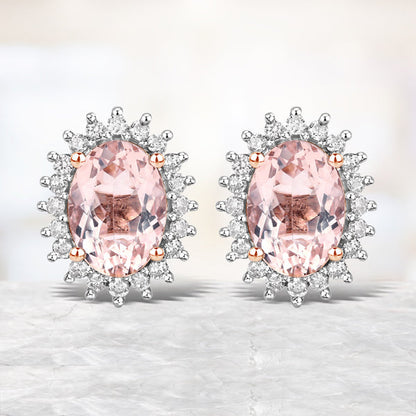 1.61 Carat Genuine Morganite and White Diamond 14K Rose Gold Earrings
