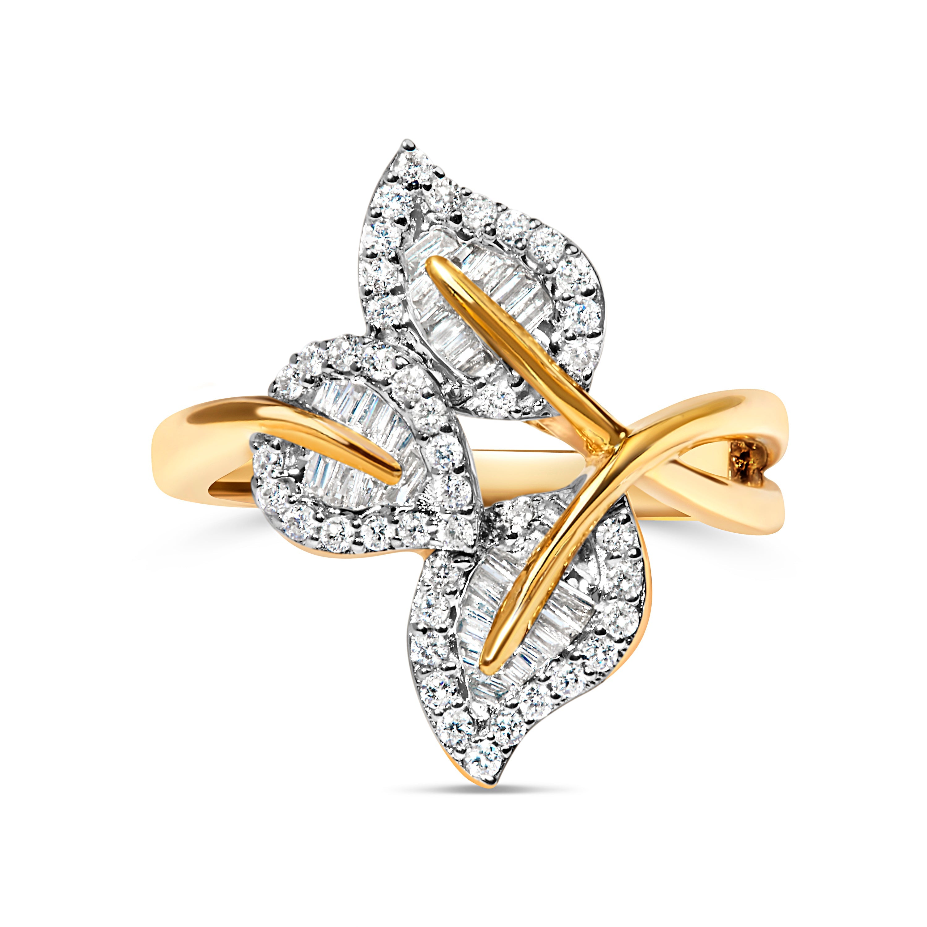 18K Yellow and White Gold Plated .925 Sterling Silver 3/8 Cttw Baguette and Round Diamond Bypass Triple Leaf Ring (I-J Color, I1-I2 Clarity) - Size 7