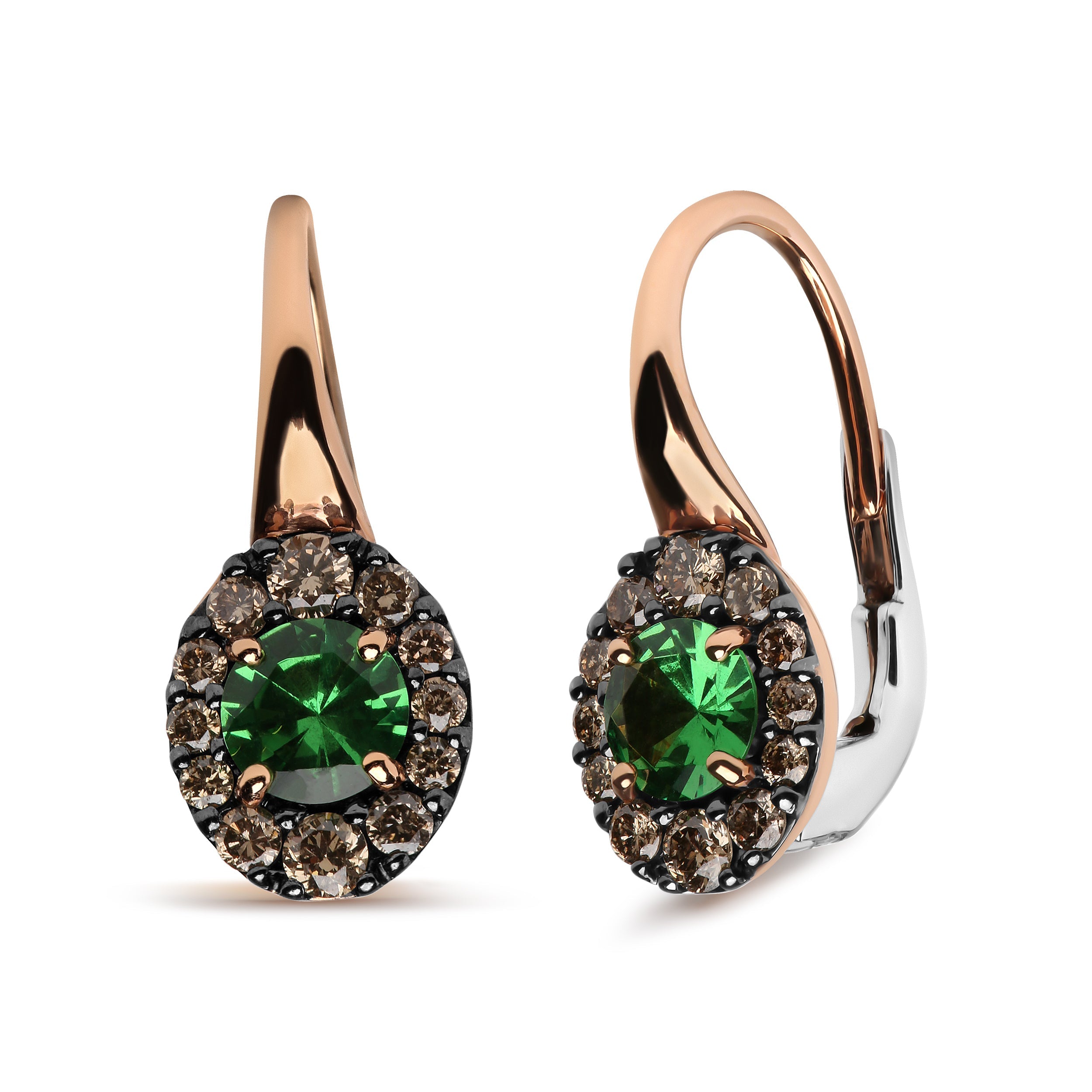 18K Rose and White Gold 3/8 Cttw Round Brown Diamonds and Round Green Tsavorite Gemstone Halo Drop Hoop Earrings (Brown Color, SI1-SI2 Clarity)