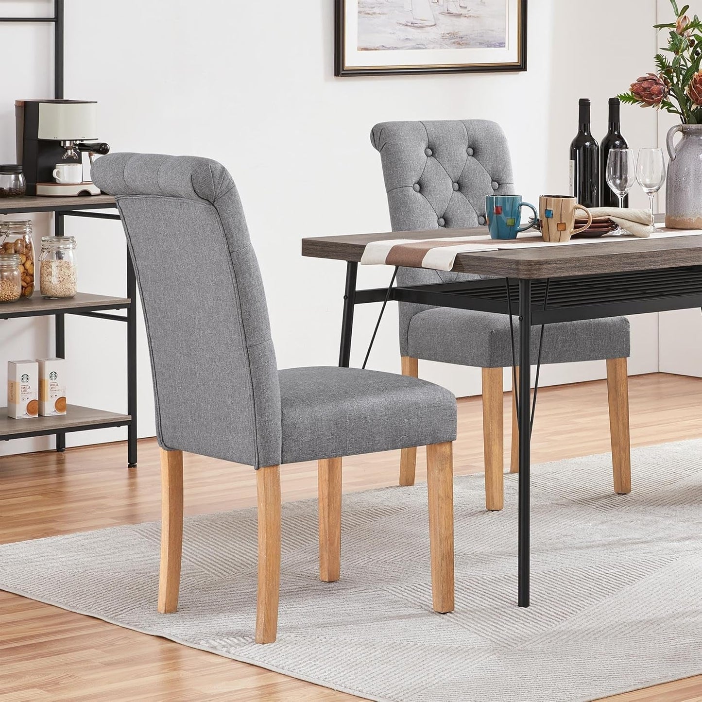 Dining Chairs Set of 2 Fabric Upholstered Dining Chairs High Back Padded Chairs Button Tufted Parsons Kitchen Chairs with Solid Wood Legs for Home, Dining Room, Kitchen, Dark Gray(1 Package)