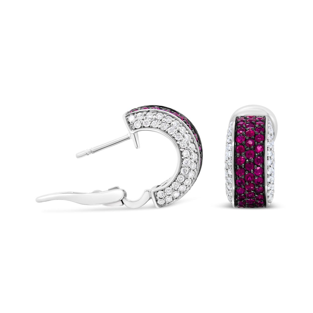 18K White Gold and Black Rhodium Plated 3/4 Cttw Round Diamonds and 1mm Round Red Ruby Huggie Hoop Earrings (F-G Color, VS1-VS2 Clarity)