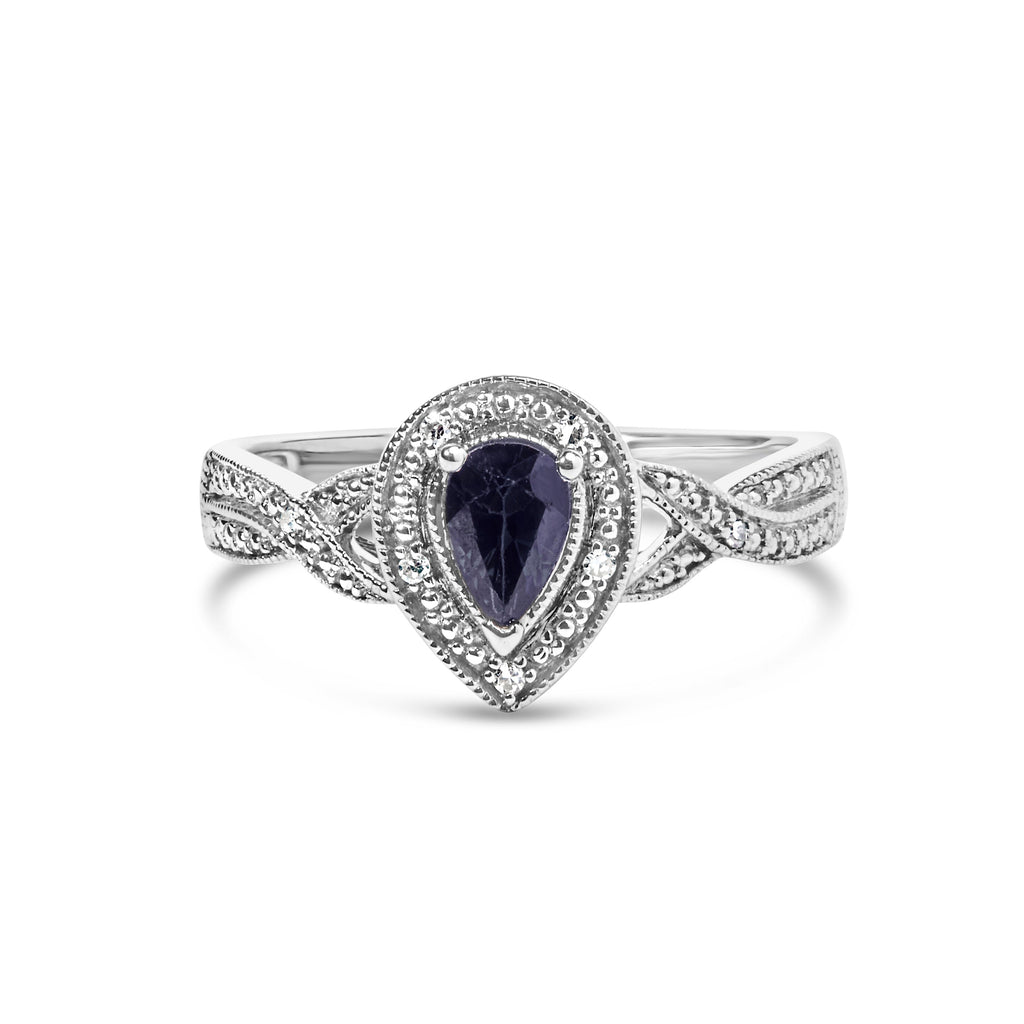 .925 Sterling Silver 6x4mm Pear Sapphire Gemstone with Diamond Accent Fashion Halo Ring (H-I Color, SI1-SI2 Clarity) - Size 7