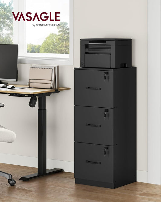 3 Drawer File Cabinet, File Cabinet with Lock, Printer Stand, Office Filing Cabinet Organizer, for A4 and Letter Size Files, Ink Black UOFC055B16
