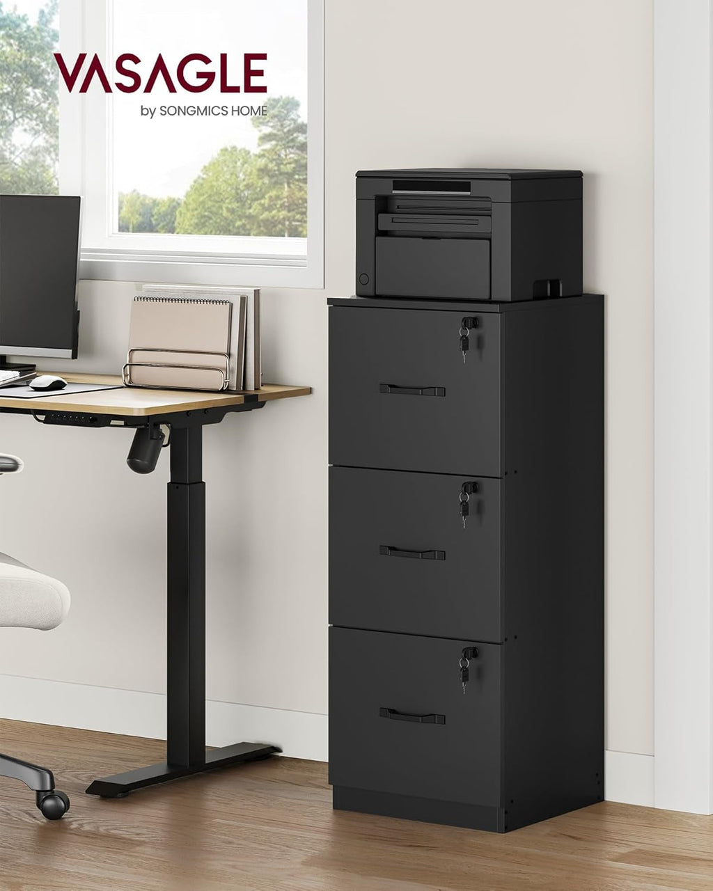 3 Drawer File Cabinet, File Cabinet kple Lock, Printer Stand, Office Filing Cabinet Ðoɖowɔla, na A4 kple Lɛta ƒe Agbɔsɔsɔme Faɛlwo, Ink Black UOFC055B16