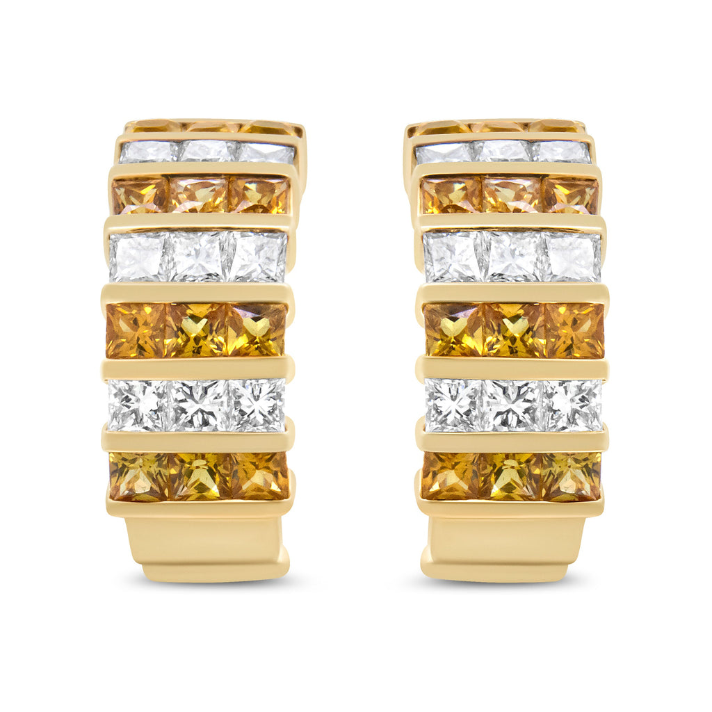 18K Yellow Gold 1 3/4 Cttw Invisible Set Princess Cut Diamond and 2.5mm Yellow Sapphire Huggie Hoop Earrings (F-G Color, VS1-VS2 Clarity)