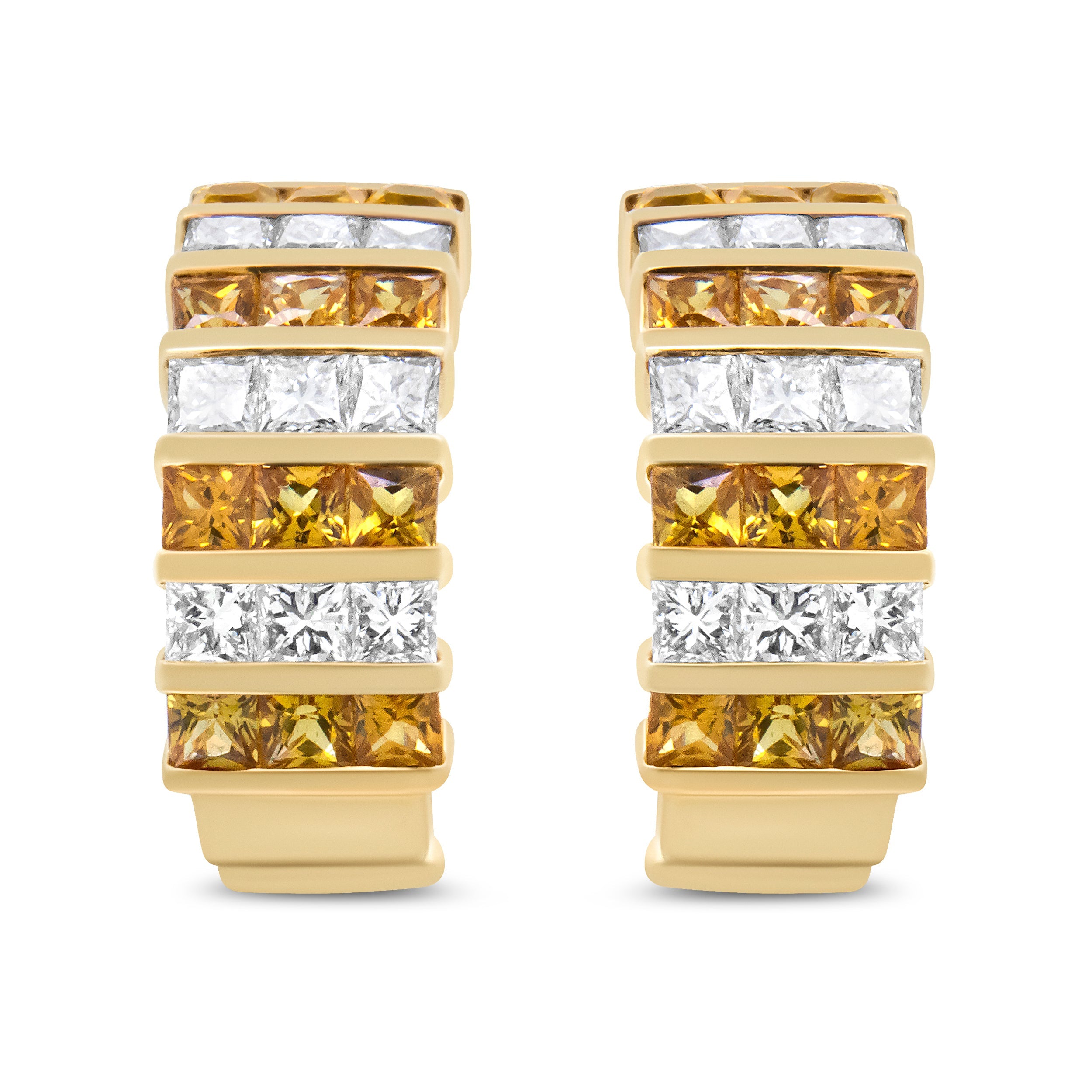 18K Yellow Gold 1 3/4 Cttw Invisible Set Princess Cut Diamond and 2.5mm Yellow Sapphire Huggie Hoop Earrings (F-G Color, VS1-VS2 Clarity)