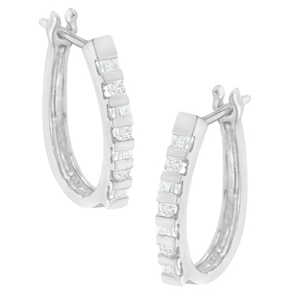 10K Yellow Gold Round and Baguette Cut Diamond Oblong Hinged Leverback Hoop Earrings (Â¼ Cttw, I-J Color, I2-I3 Clarity)