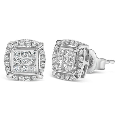 Sterling Silver 1/2 Cttw Princess Cut Diamond Composite and Halo Stud Earrings