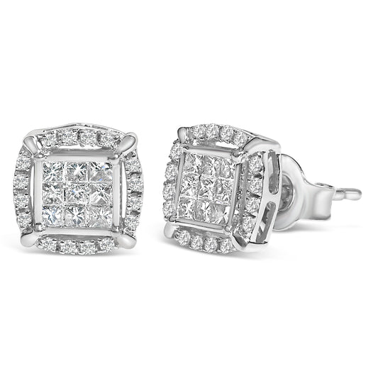 Sterling Silver 1/2 Cttw Princess Cut Diamond Composite and Halo Stud Earrings