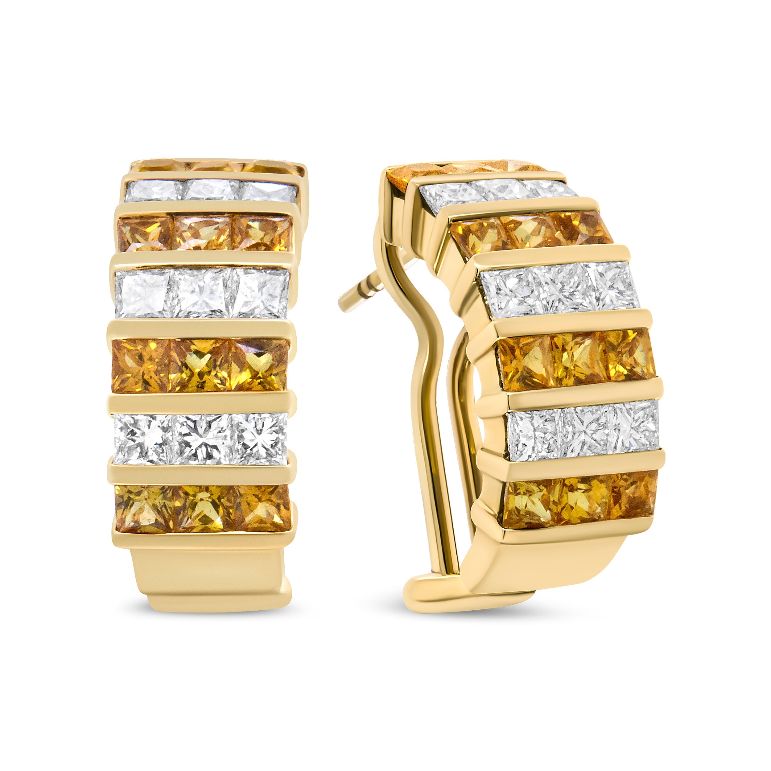 18K Yellow Gold 1 3/4 Cttw Invisible Set Princess Cut Diamond and 2.5mm Yellow Sapphire Huggie Hoop Earrings (F-G Color, VS1-VS2 Clarity)
