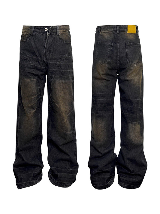 Niche Retro Washed Straight Deconstructed Jeans