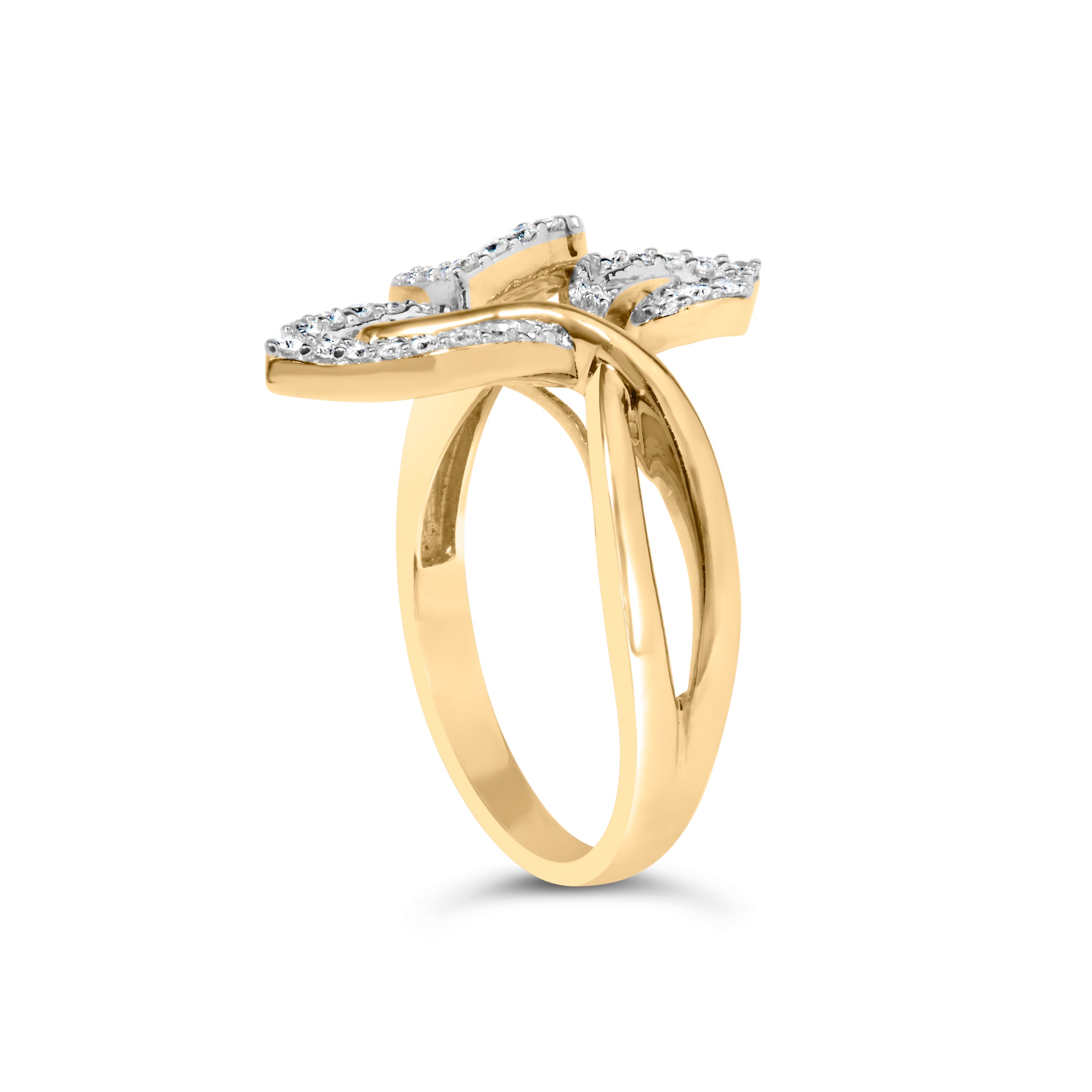 18K Yellow and White Gold Plated .925 Sterling Silver 3/8 Cttw Baguette and Round Diamond Bypass Triple Leaf Ring (I-J Color, I1-I2 Clarity) - Size 7