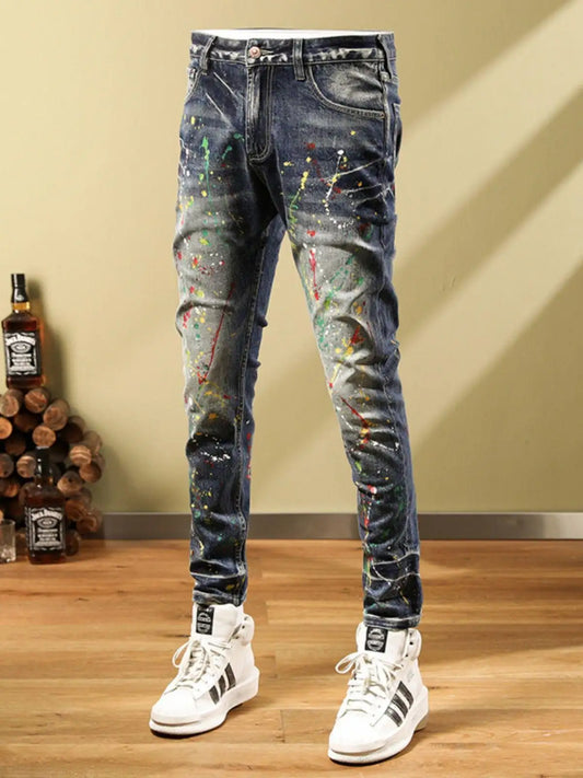 Personalized Fashion Jeans Men's Casual Slim Fit Skinny Retro Splash-ink Paint Trousers