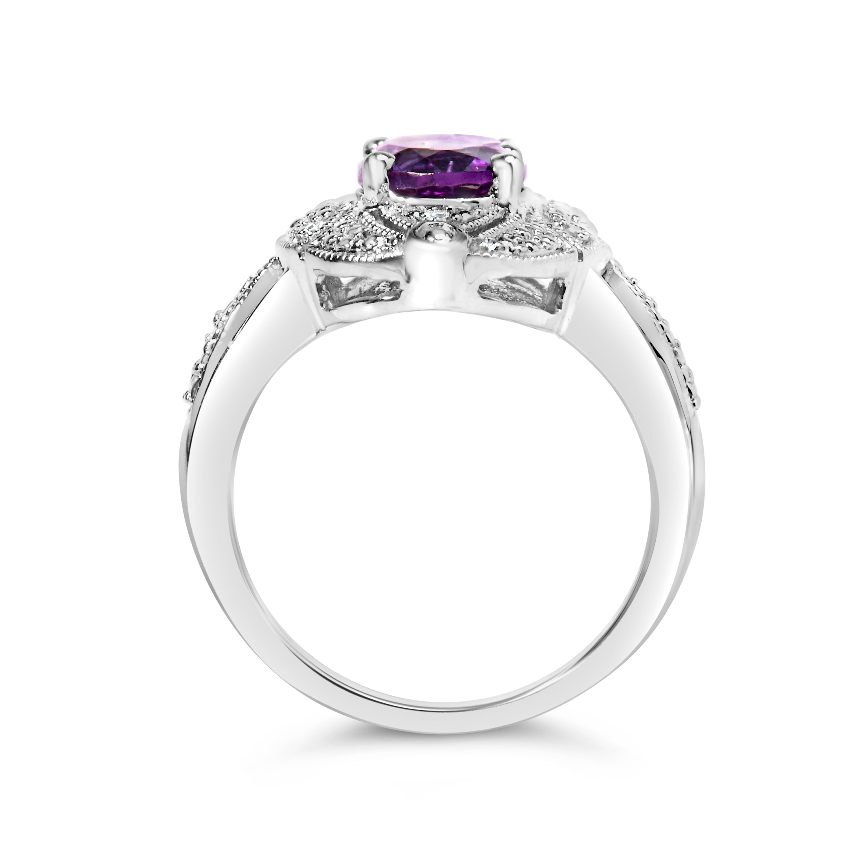 .925 Sterling Silver 9x7mm Oval Purple Amethyst and Diamond Accent Art Deco Style Cocktail Ring (I-J Color, I1-I2 Clarity) - Size 6