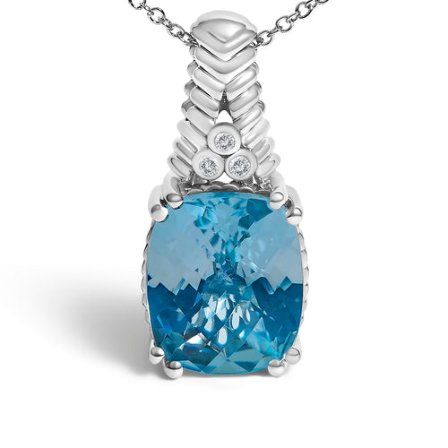 .925 Sterling Silver Blue Topaz and Diamond Accent Textured Pendant Necklace - 18" Inches