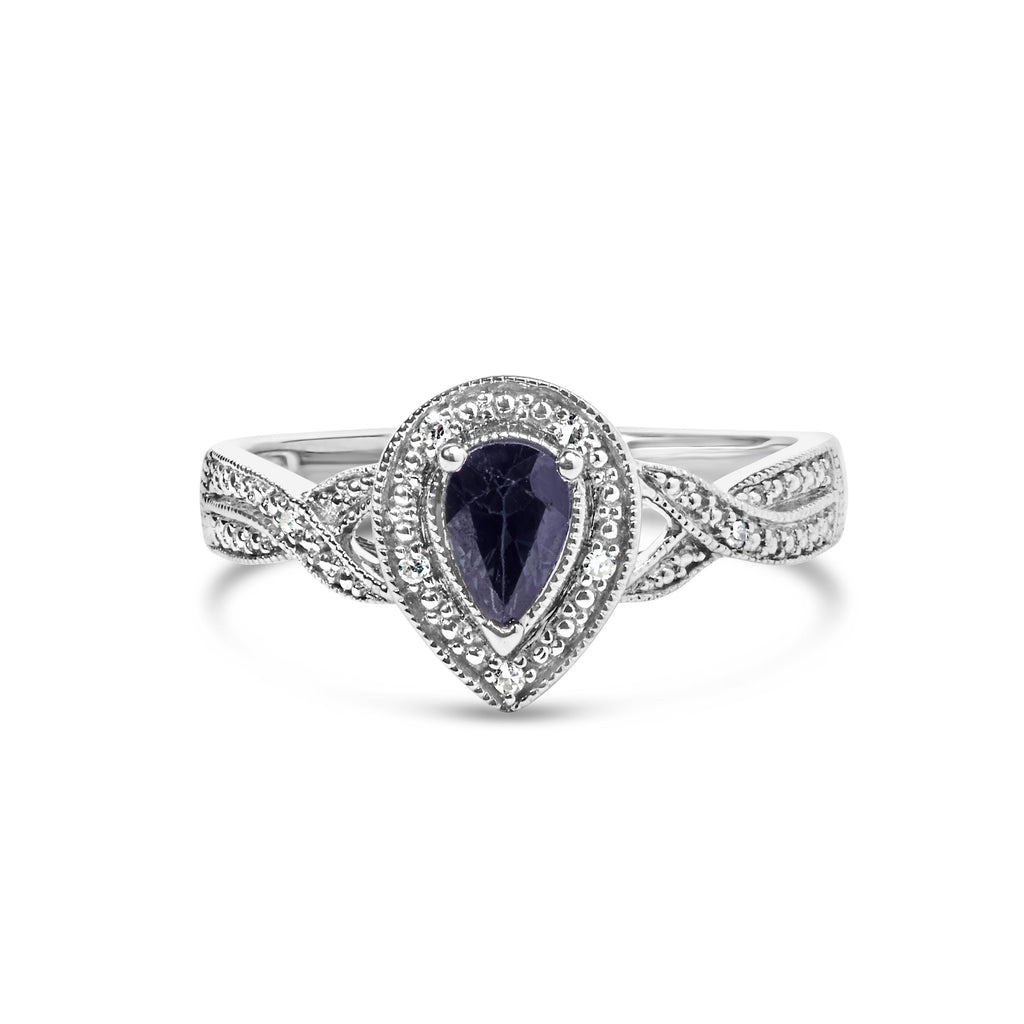 .925 Sterling Silver 6x4mm Pear Sapphire Gemstone with Diamond Accent Fashion Halo Ring (H-I Color, SI1-SI2 Clarity) - Size 7