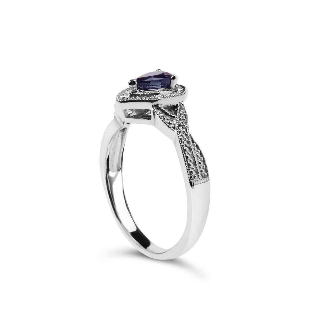 .925 Sterling Silver 6x4mm Pear Sapphire Gemstone with Diamond Accent Fashion Halo Ring (H-I Color, SI1-SI2 Clarity) - Size 7