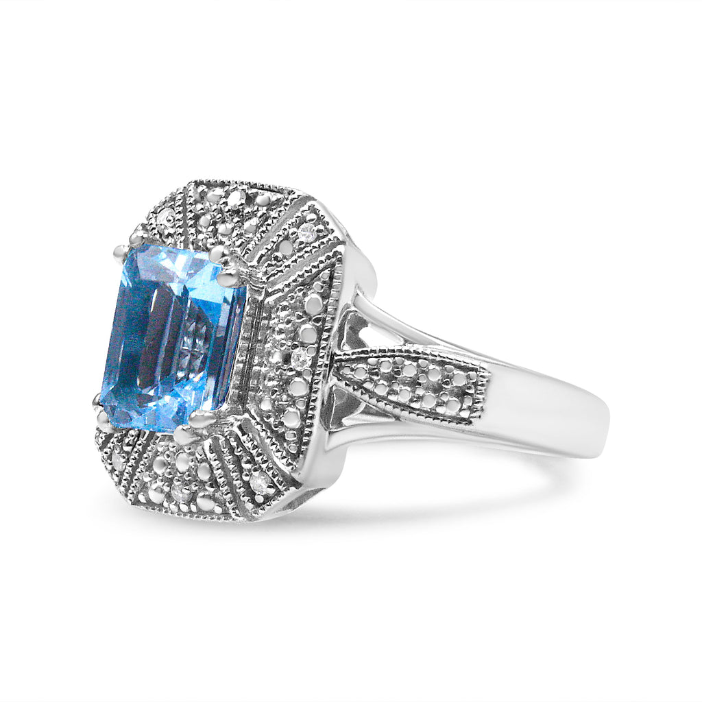 .925 Sterling Silver Diamond Accent and 8X6 mm Emerald-Shape Blue Topaz Ring (I-J Color, I2-I3 Clarity) - Ring Size 7