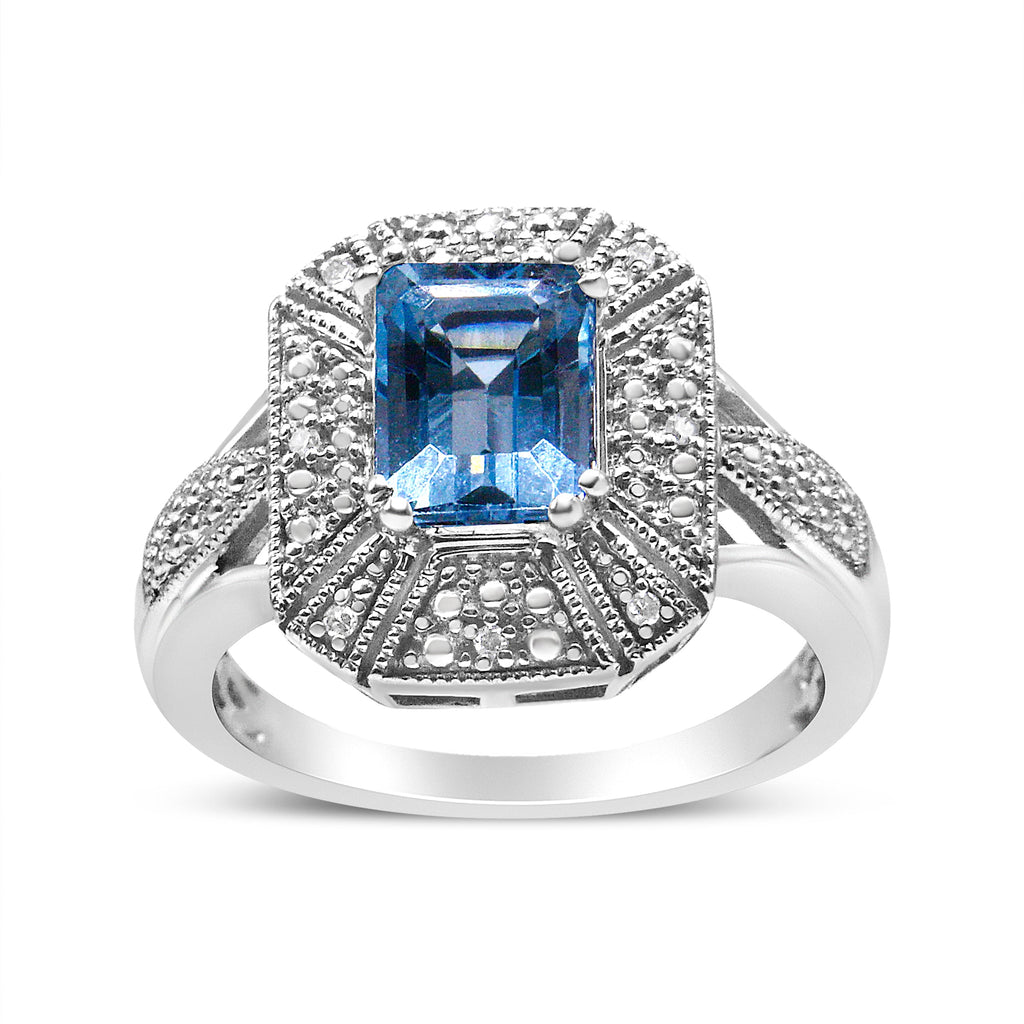 .925 Sterling Silver Diamond Accent and 8X6 mm Emerald-Shape Blue Topaz Ring (I-J Color, I2-I3 Clarity) - Ring Size 7