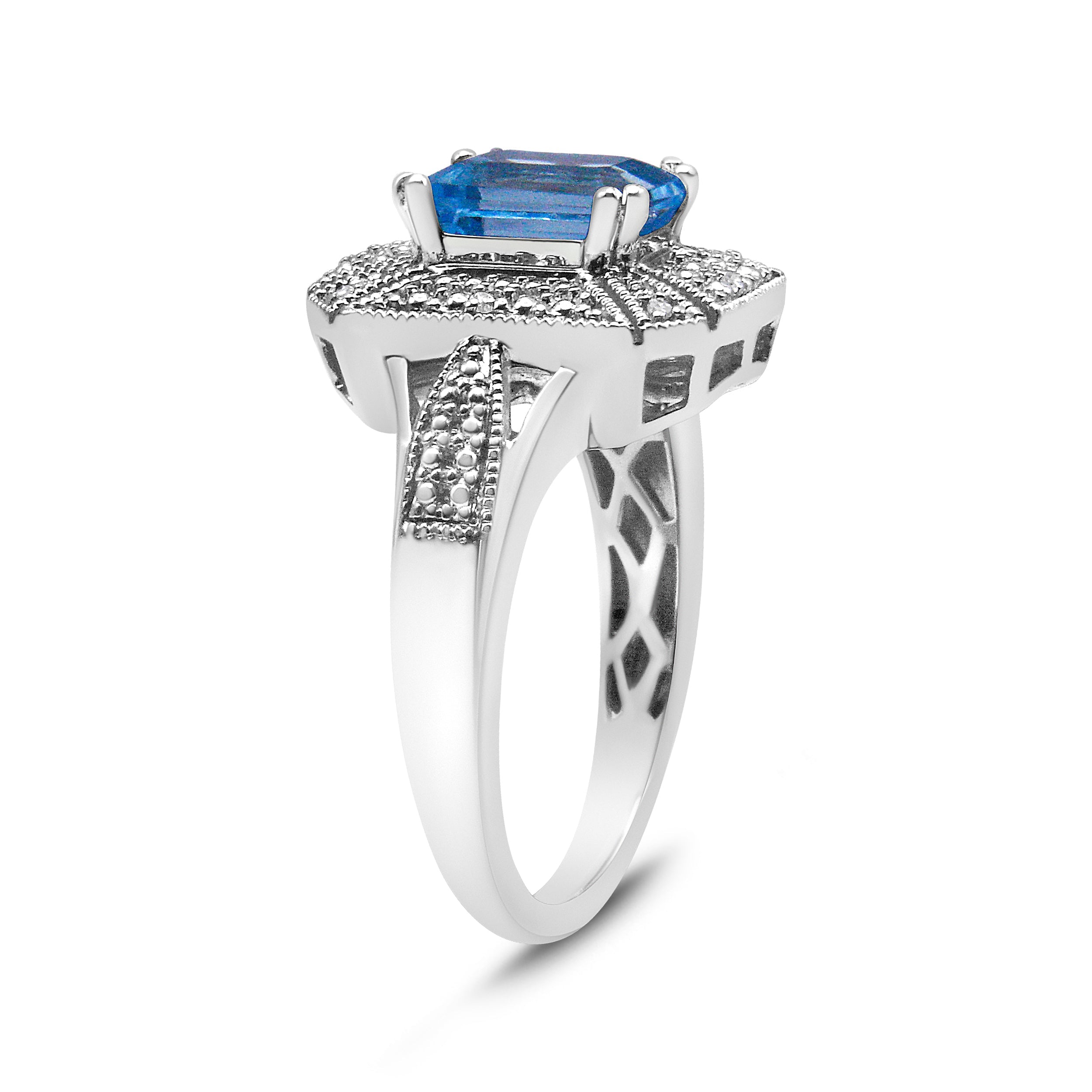 .925 Sterling Silver Diamond Accent and 8X6 mm Emerald-Shape Blue Topaz Ring (I-J Color, I2-I3 Clarity) - Ring Size 7
