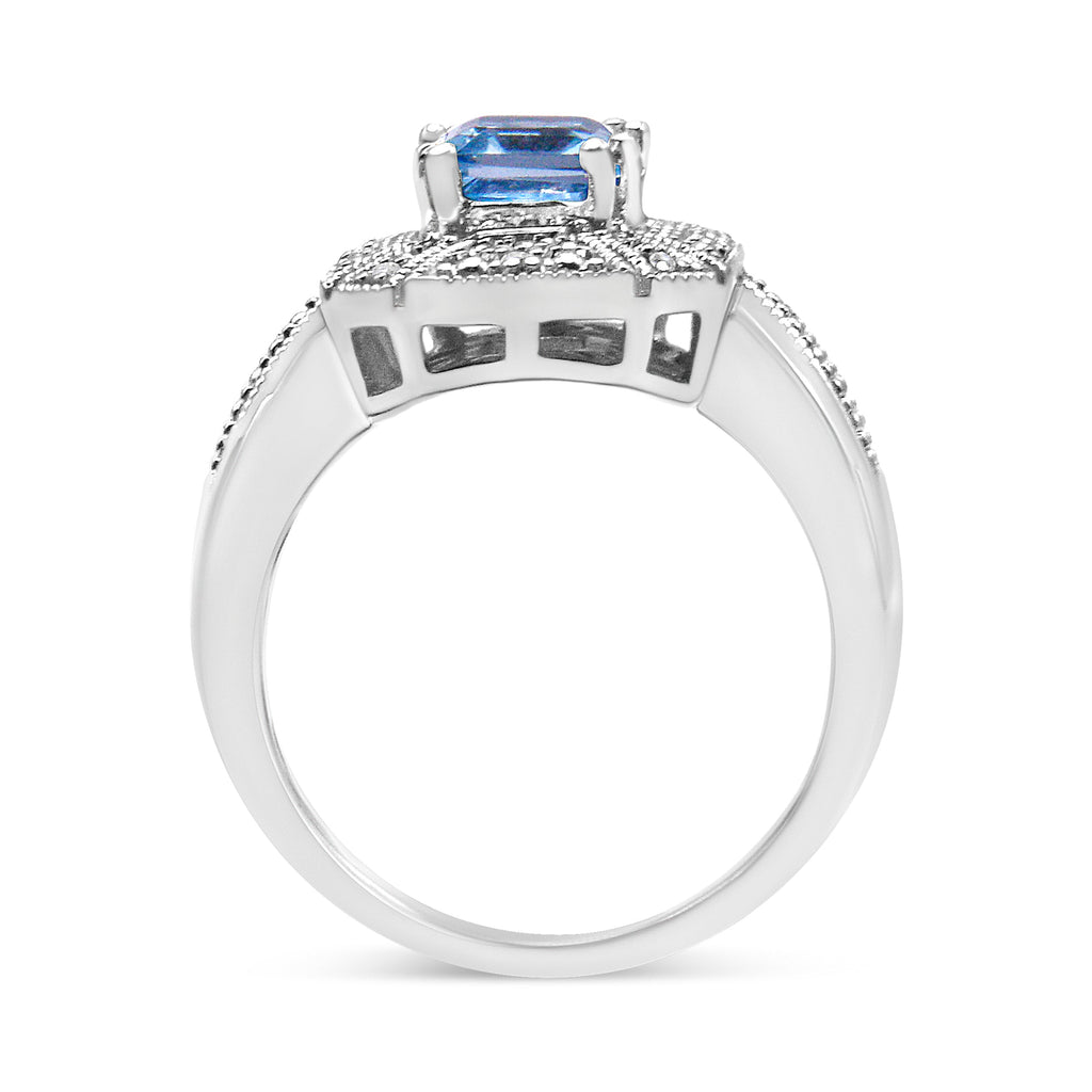 .925 Sterling Silver Diamond Accent and 8X6 mm Emerald-Shape Blue Topaz Ring (I-J Color, I2-I3 Clarity) - Ring Size 7
