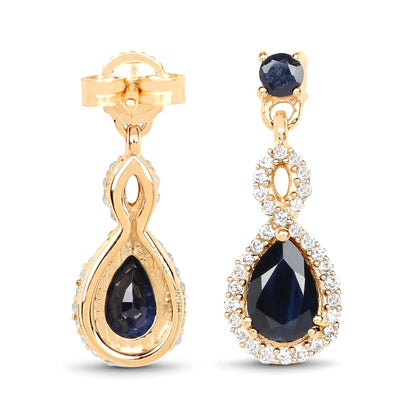 1.19 Carat Genuine Blue Sapphire and White Diamond 14K Yellow Gold Earrings