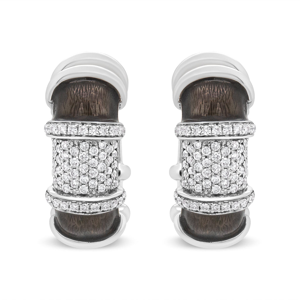 18K White Gold Flash Plated .925 Sterling Silver Clear Graphite Grey Enamel 5/8 Cttw Round Diamonds Huggie Hoop Earrings (F-G Color, VS1-VS2 Clarity)