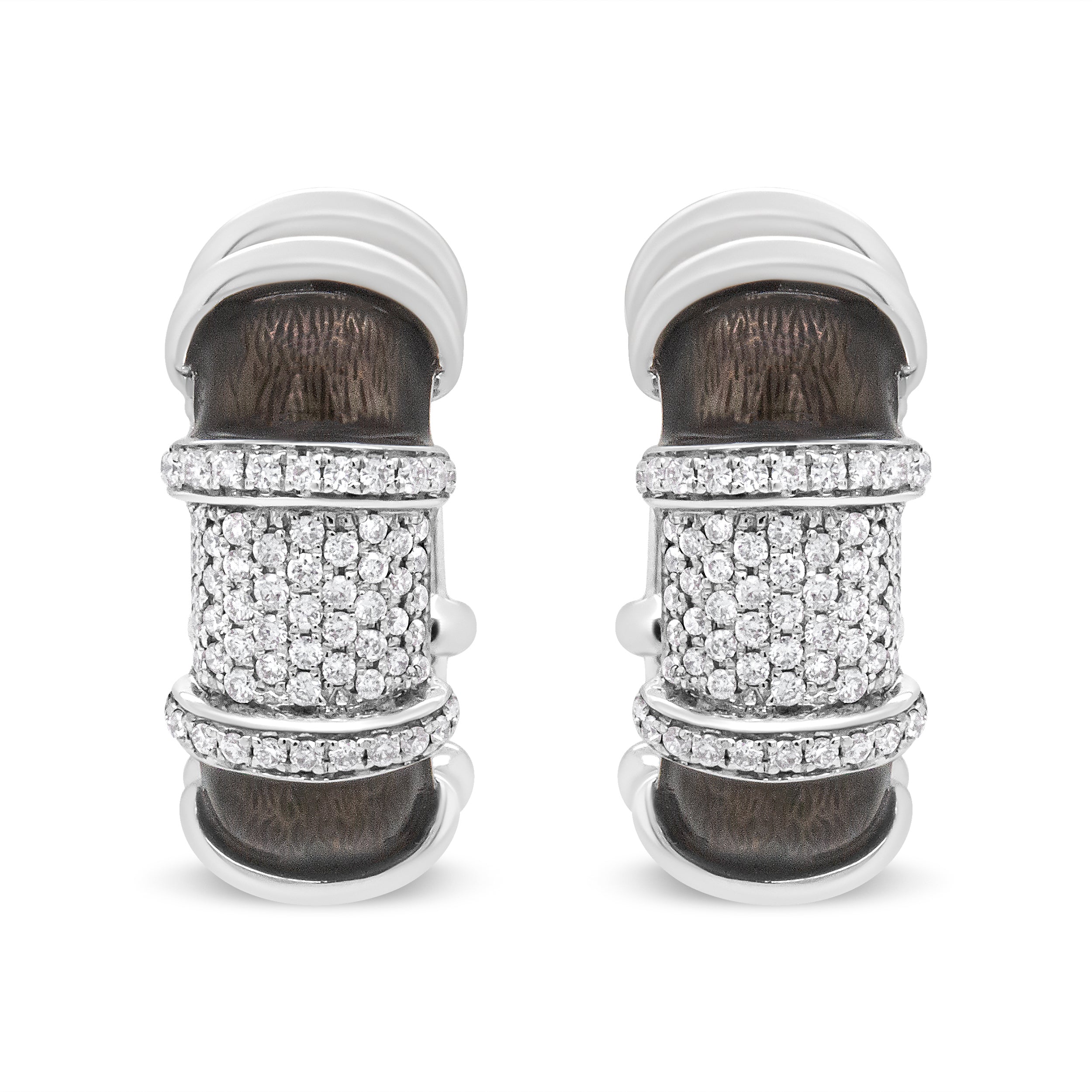 18K White Gold Flash Plated .925 Sterling Silver Clear Graphite Grey Enamel 5/8 Cttw Round Diamonds Huggie Hoop Earrings (F-G Color, VS1-VS2 Clarity)