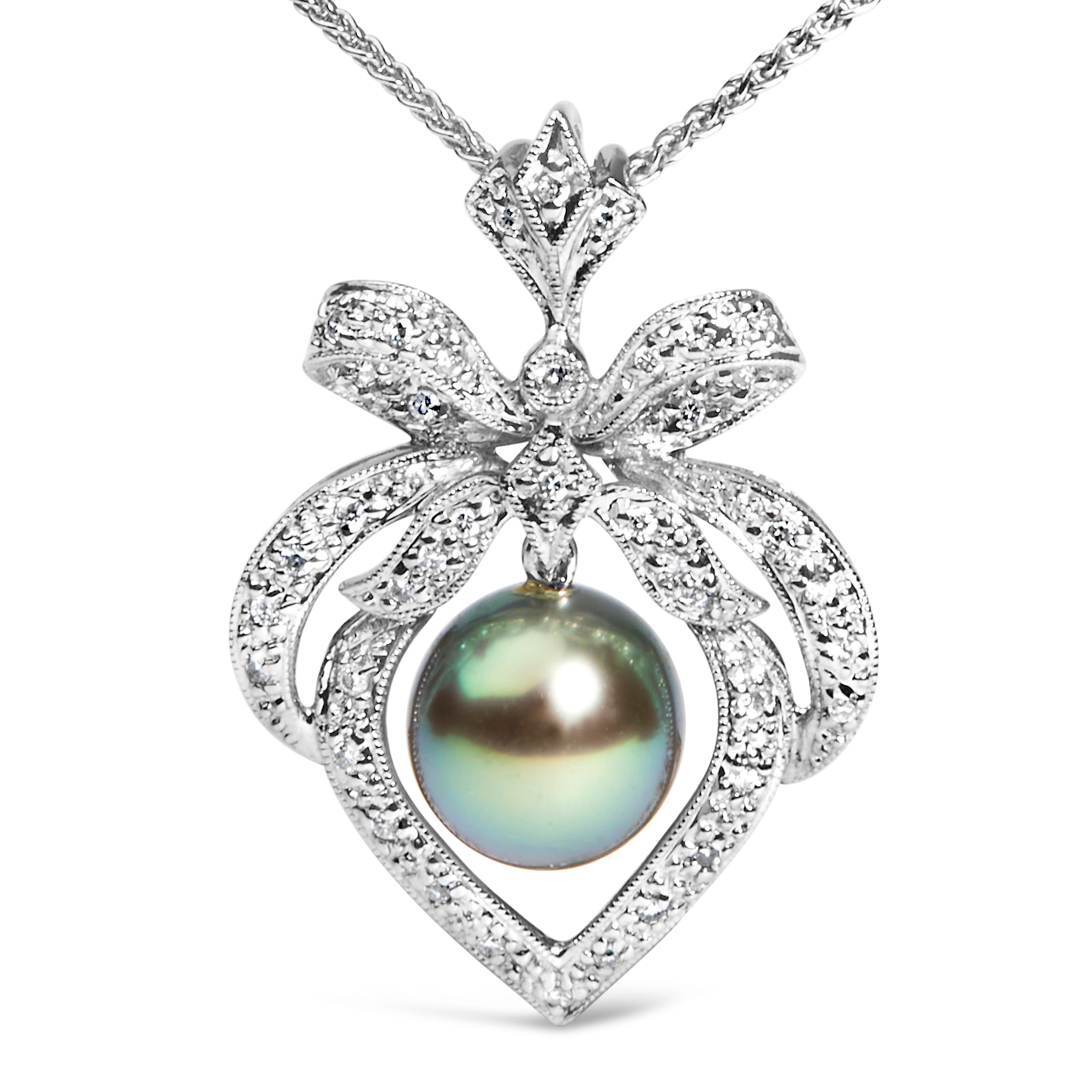 18K 3/4 Cttw Diamond and 12.5 MM Cultured Black Tahitian Pearl Heart Pendant Necklace (G-H Color, SI1-SI2 Clarity) - 18" Inches