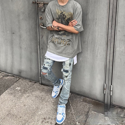 Handmade Splash-ink Blue Diamond Ripped Jeans