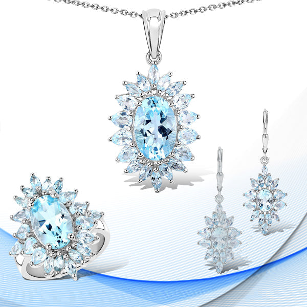 19.18 Carat Genuine Blue Topaz .925 Sterling Silver 3 Piece Jewelry Set (Ring, Earrings, and Pendant w/ Chain)