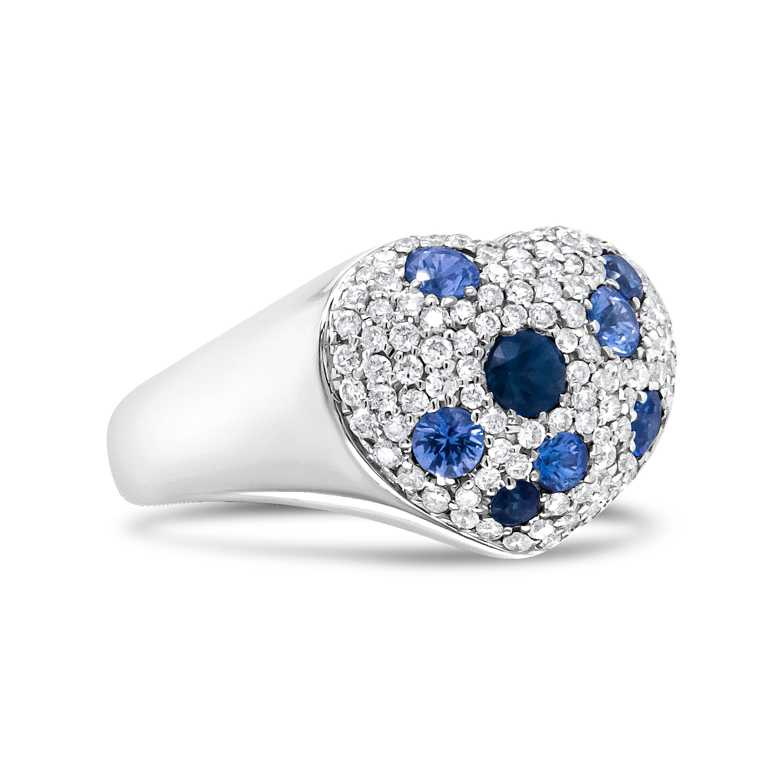 18K White Gold Blue Sapphire and 5/8 Cttw Diamond Cluster Heart Shaped  Ring (F-G Color, VS1-VS2 Clarity) - Size 7.5