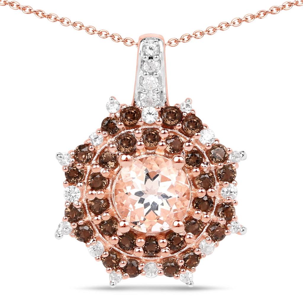 18K Rose Gold Plated 1.61 Carat Genuine Morganite, Smoky Quartz and White Zircon .925 Sterling Silver Pendant