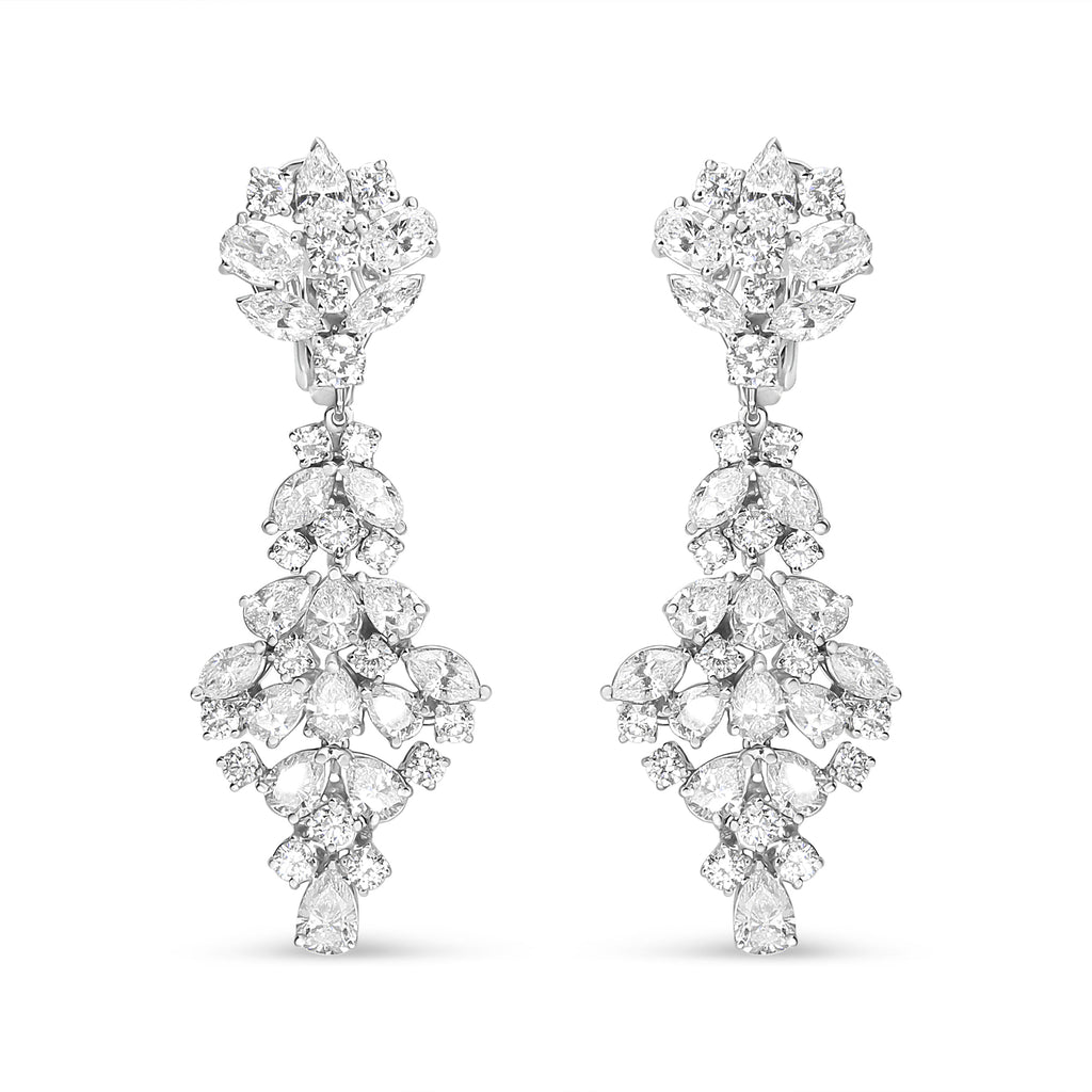 18K White Gold 9 1/2 Cttw Diamond Cluster Drop Dangle Clip-On Earrings (F-G Color, VS1-VS2 Clarity)